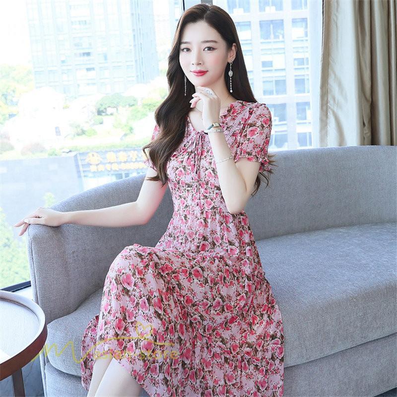 ミディアム | ワンピース レディース Aライン カジュアル Vネック サマー 半袖 ひざ丈 ミディアムワンピース 大きいサイズ 上品 花柄 着痩せ サマーワンピース 夏服