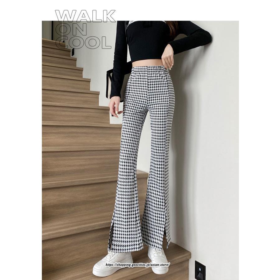 チノ・テーパード・ジョガー・スキニーパン | パンツ レディース フレアパンツ ロングパンツ 千鳥格柄 ブラック スリット カジュアル ハイウエスト お出かけ かわいい スキニーパンツ トレンド おしゃれ