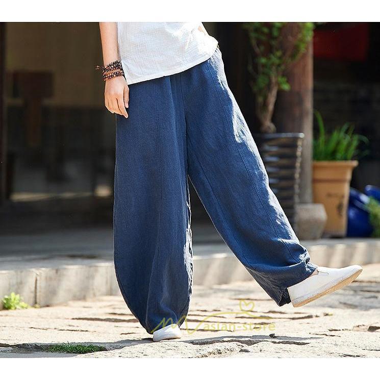 ワイドパンツ | 夏パンツ レディース パフパンツ ロングパンツ 綿麻パンツ 涼しい ゆったり ウエストゴム 可愛い 20代30代40代50代60代 無地 大人 大きめ