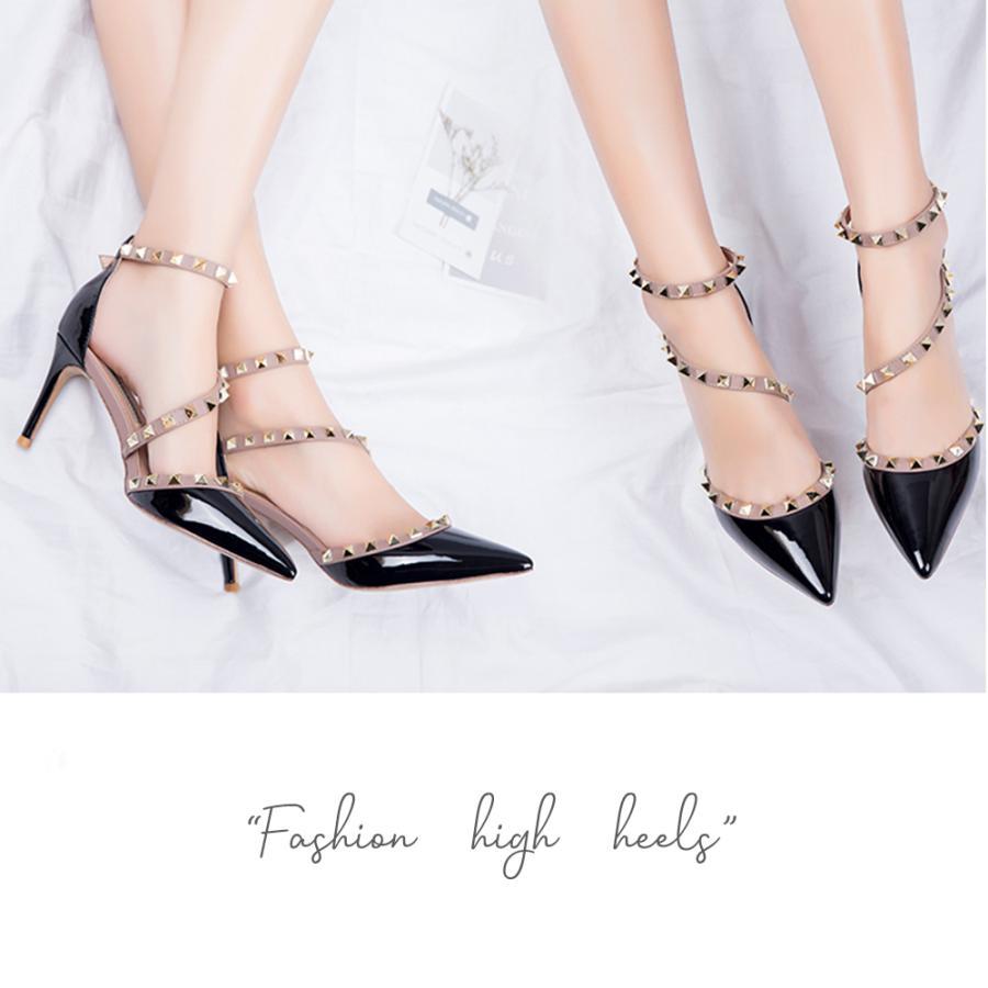 サンダル | レディース エレガント ハイヒール リベット ポインテッドトゥ ピンヒール アンクルストラップ シューズ 痛くない パンプス