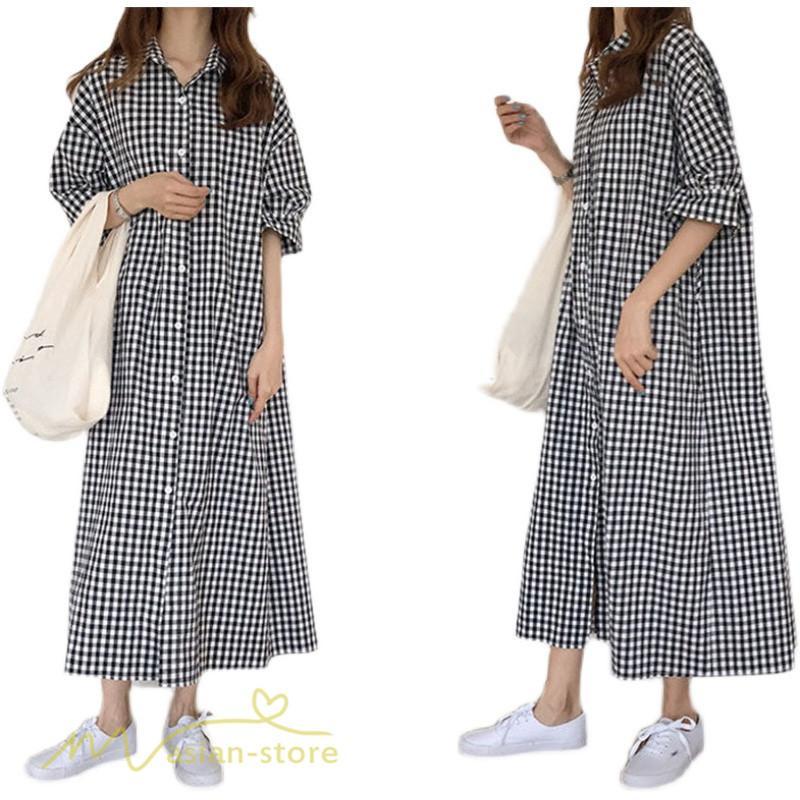 マキシ | ワンピース シャツワンピース チェック柄 可愛い マキシワンピース レディース 5分袖 春 夏 秋 20代 30代 着痩せ Aラインワンピース フリーサイズ 40代 50代