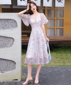 ミディアム | ワンピース レディース 花柄 きれいめ 膝丈 おしゃれ 上品 半袖 スクエアネック 大きいサイズ 30代 40代 夏新作 20代 サマーワンピース 大人 エレガント 韓国風
