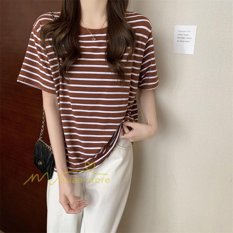 tシャツ・カットソー | Tシャツ レディース 春夏 トップス カットソー 半袖 シャツ ストライプ柄 20代30代40代50代 カジュアル お出かけ 上品 韓国ファッション 着回し 着痩せ 快適
