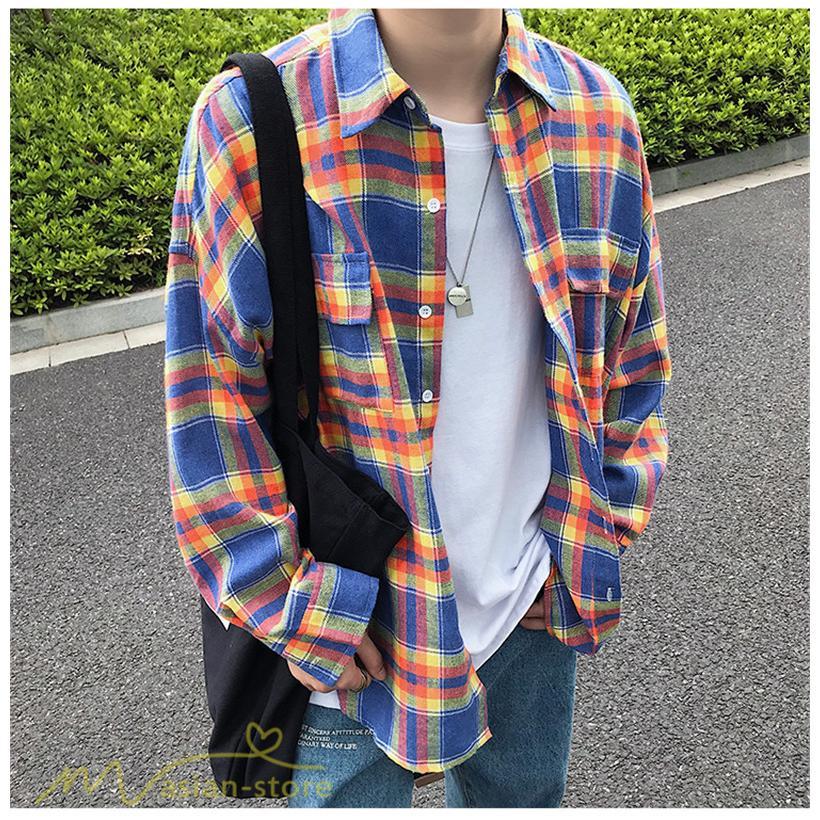シャツ | ライトアウター 秋服 薄手 メンズ チェック柄 長袖 ポケット 韓国風 カッコウイイ 日常感 ワイドコットン 大きいサイズ トップス 大きいサイズ 男性着