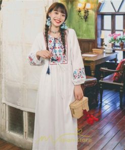 マキシ | ワンピース ロングワンピ パーティー お呼ばれ デート ゆったり 女子会 食事会 白 赤 黄色 青 Aライン 長袖 エスニック風 2022年夏秋新作 刺繍 Vネック 綿麻