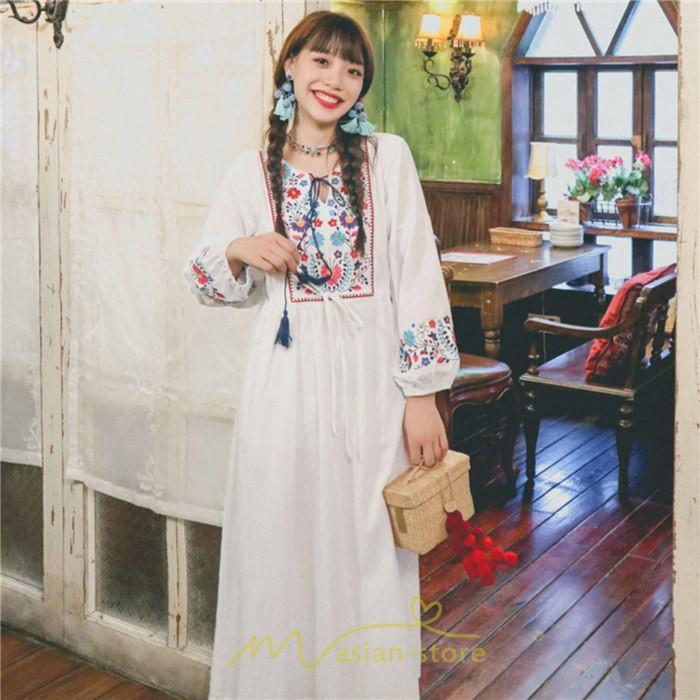 マキシ | ワンピース ロングワンピ パーティー お呼ばれ デート ゆったり 女子会 食事会 白 赤 黄色 青 Aライン 長袖 エスニック風 2022年夏秋新作 刺繍 Vネック 綿麻