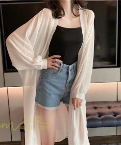 カーディガン | レディース 春 ロング ひんやり 夏 フェミニン カジュアル 無地 白 黒 コーデ オフィス 長袖 激売れ 薄手 細見え 体型カバー お出かけ シフォン