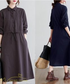 ワンピース | 長袖綿麻Aラインレディース ロングミモレ丈 無地 シャツカワイイ 大人 ワンピ