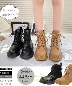 ショートブーツ | ブーツ レディース 軽量 歩きやすい おすすめ おしゃれ 編み上げ 太めヒール レザー風 走れる 痛くない 冬 秋 22.5cm-25cm 春 トレンド