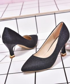 パンプス | キラキラポインテッドトゥ ピンヒール 異素材 スリップオン 紐なし ストラップなし 滑り止めソール 30代 黒 靴 レディース シューズ