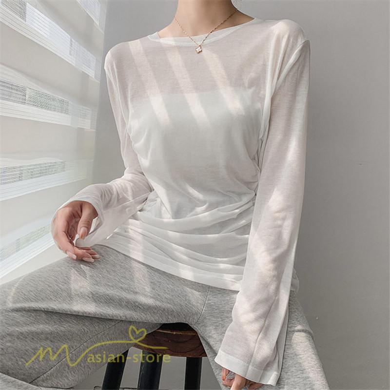 tシャツ・カットソー | Tシャツ Tシャツ レディース 無地 長袖 トップス カジュアルTシャツ おしゃれ クルーネック 秋服 夏秋 インナー 日常感 大きいサイズ 薄手 タック ゆったり 上品