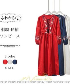 マキシ | ワンピース レディース エスニック風 ボヘミアン ロング丈 ロングワンピース 派手 ゆったり 民族風 長袖 綿麻 リゾート夏 海デート 海外旅行 丸首 秋 高品質