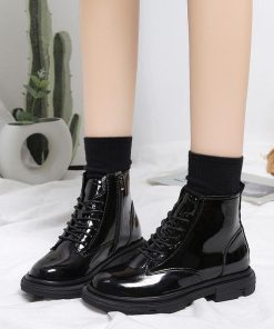 ショートブーツ | ラウンドトゥレディース サイドファスナー レースアップ 厚底シューズ 滑り止めソール チャンキーヒール 太ヒール シューズ ブーツ 厚底 黒