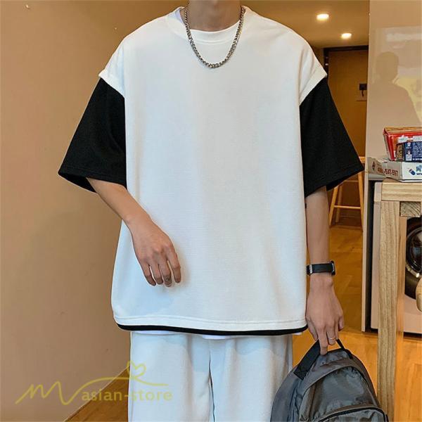 Tシャツ | Tシャツ メンズ 半袖 重ね着風 レイヤード 無地 ゆったり クルーネック カットソー 20代 30代 おしゃれ 無地 大きいサイズ シンプル 40代 カジュアル お出かけ