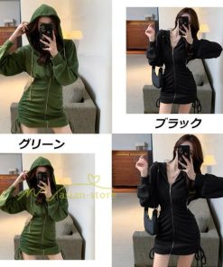 ミディアム | ワンピース 長袖 タイト ミニ丈 レディース 秋新作 タイトワンピ ZIPセクシー 体型カバー 無地通勤 オフィス 着痩せ パーカー OL きれいめ 大人ファッション