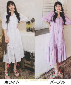 マキシ | ワンピース レディース 夏秋 無地 ロング丈 長袖 白 紫 大人 上品 20代 30代 40代 刺繍 レース ママ 母 痩せて見える 同窓会 デート 謝恩会  女子会 食事会