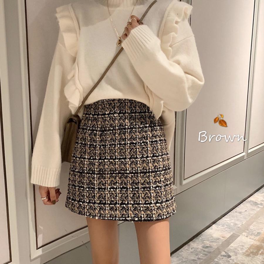ひざ丈スカート | タイトスカート ハイウエスト チェック柄 レディース 台形スカート スカート ミニスカート ツイード