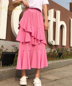 スカート | Aライン フレア裾 不規則アシンメトリー シフォン 韓国風 ティアード フリーサイズ 2020夏コーデ プリーツフレア ウエストゴム ハイウエスト