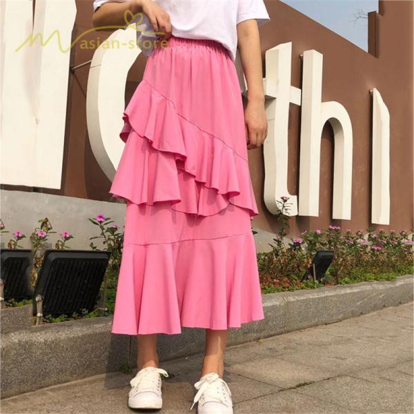 スカート | Aライン フレア裾 不規則アシンメトリー シフォン 韓国風 ティアード フリーサイズ 2020夏コーデ プリーツフレア ウエストゴム ハイウエスト