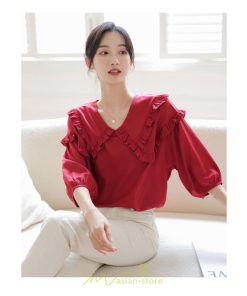 シャツ・ブラウス | トップス ブラウス 七分袖 シャツ きれいめ レディース 夏 白 赤 クルーネック フリル 春夏コーデ オフィス お仕事 通勤 就活 お出かけ ビジネス カジュアル