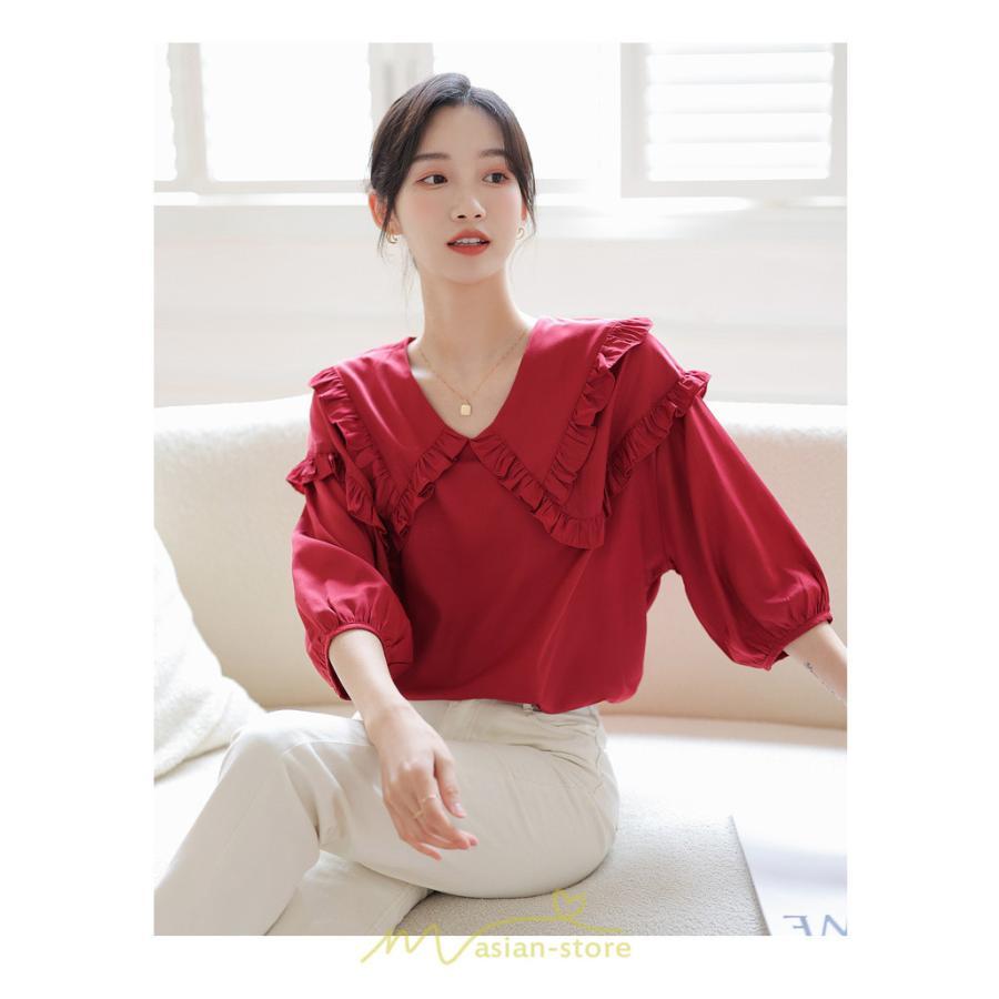 シャツ・ブラウス | トップス ブラウス 七分袖 シャツ きれいめ レディース 夏 白 赤 クルーネック フリル 春夏コーデ オフィス お仕事 通勤 就活 お出かけ ビジネス カジュアル