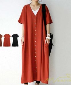 マキシ | ワンピース 五分袖 ロングワンピース レディース 秋物 夏 羽織り ゆったり 大きめ ポケット Aラインワンピース 30代40代50代 無地 可愛い 落ち感 Vネック 大人