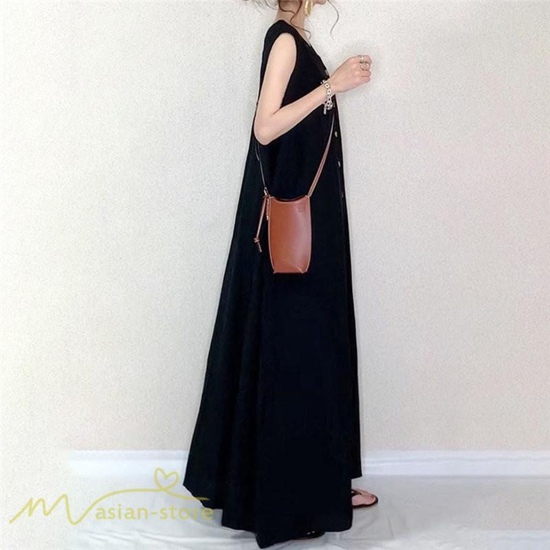 ノースリーブ | 夏ワンピース 20代30代 ロングワンピース 40代50代 タンクトップワンピース Aラインワンピース ゆったり ボタン 綿 レディース Vネック 無地