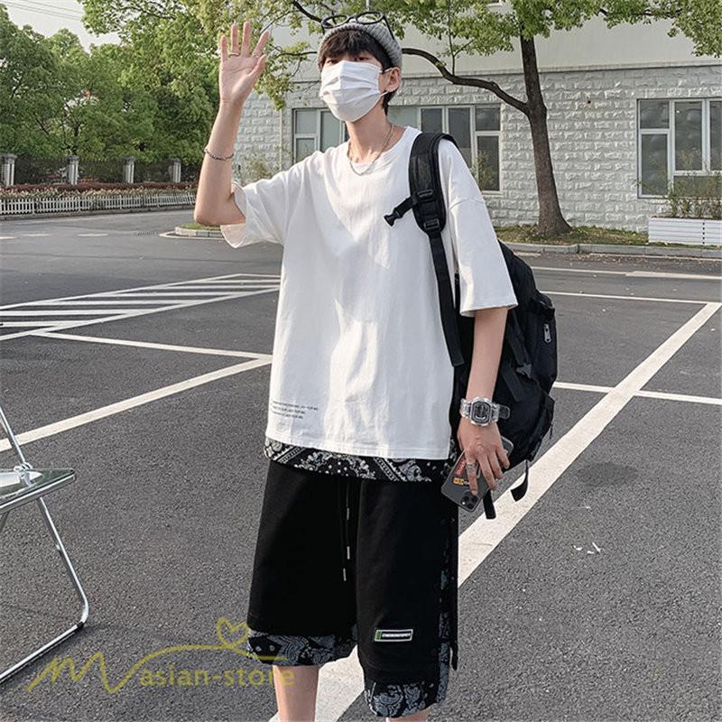 Tシャツ | Tシャツ メンズ 半袖 重ね着風 カジュアル半袖tシャツ 夏新作 メンズスタイル カットソー 上品 切り替え 2XL 大きいサイズ クルーネック 黒 白