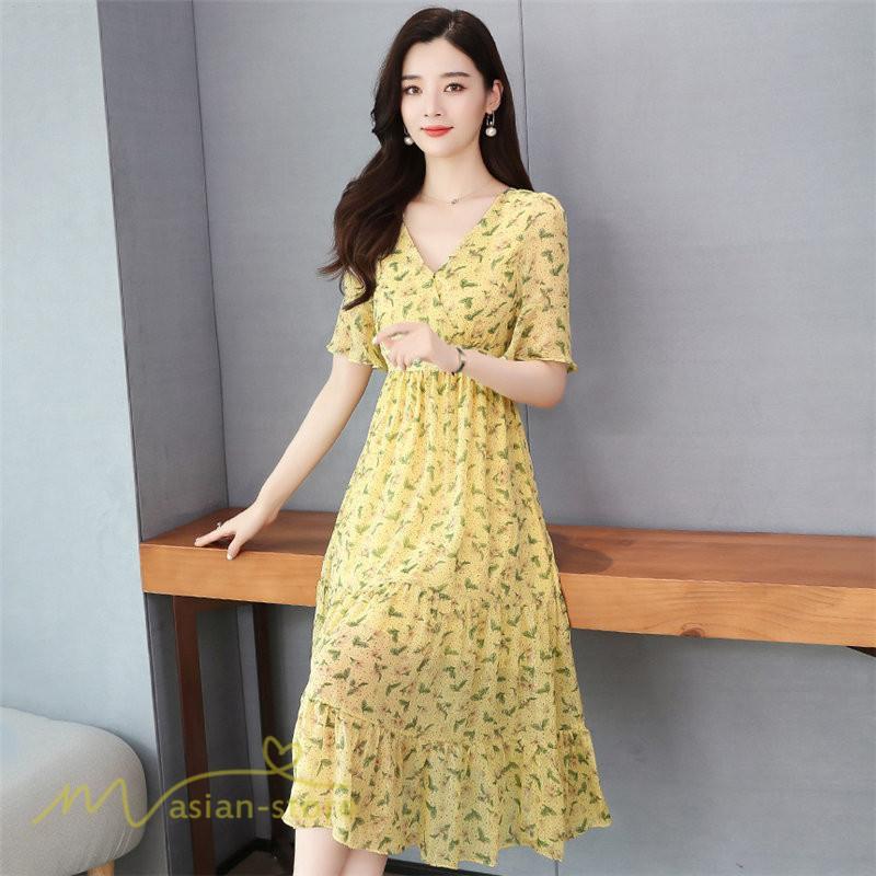 ミディアム | ワンピース Aライン レディース 着痩せ 上品 カジュアル Vネック カジュアル 春 夏 花柄 きれいめサマー ワンピース 通勤 通学 ソフト 膝丈 大人 お出かけ