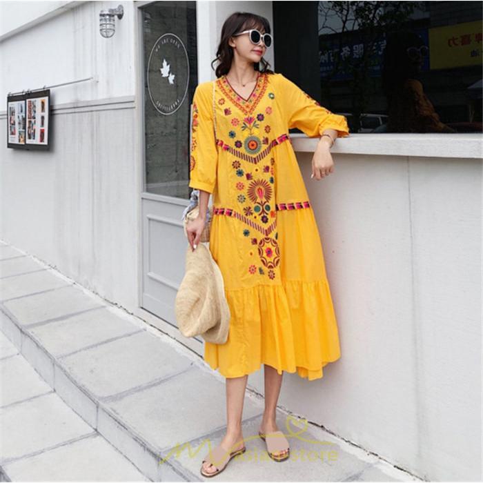 マキシ | ワンピ ワンピース ロング丈 七分袖 レディース 大人 おしゃれ きれいめ お出かけ 大人可愛い 白 青 赤 春夏秋 旅行 20代30代40代 民族風 オレンジ 海