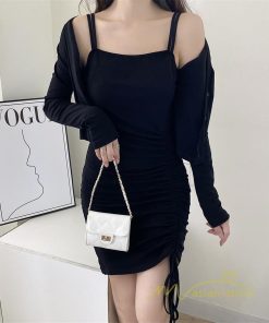 ミニ丈 | タイトワンピース カーディガン セットアップ ミニワンピース 伸縮性 無地 2点セット セクシー 大人 キャミソールワンピース 夏 キャザー レディース 秋物