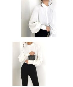 シャツ・ブラウス | シャツブラウス レディーストップス スタンドカラーブラウス 長袖ブラウス 無地シャツ バルーンスリーブ 春夏 リゾート ゆったり エレガント 通学通勤