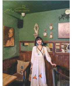 マキシ | ワンピース レディースワンピース 春夏 マキシワンピース ハイウエスト 長袖 二次会 通勤 OL 40代 着痩せ 刺繍 Vネック Aライン カジュアル エスニック 4色