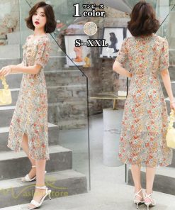 ミディアム | ワンピース Aライン レディース サマーワンピース 花柄 フレア 上品 シフォン 薄手 夏 新作 カジュアル 大人 着痩せ 裾口スリット 上品 おでかえｋ きれいめ