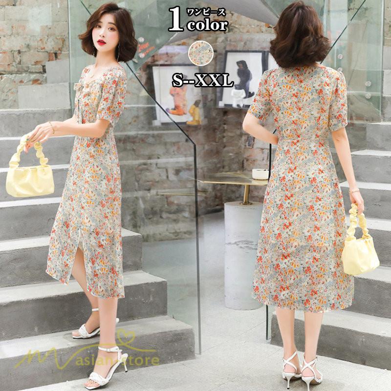 ミディアム | ワンピース Aライン レディース サマーワンピース 花柄 フレア 上品 シフォン 薄手 夏 新作 カジュアル 大人 着痩せ 裾口スリット 上品 おでかえk きれいめ