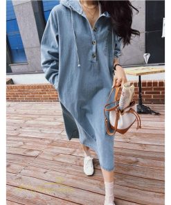 デニムワンピース | フード付き レディース デニム ワンピース 20代 30代 長袖 Aライン プルオーバー カジュアル 秋 冬 新作 40代 フリーサイズ シンプル 50代