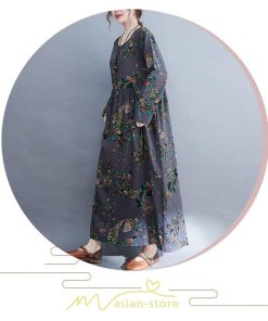 マキシ | ワンピース レディース 長袖 ロング カジュアル 花柄プリント 大きいサイズ  ぽっちゃり 着痩せ 上品 新作 丸首 秋 Aライン 夏 20代30代40代50代 レトロ風