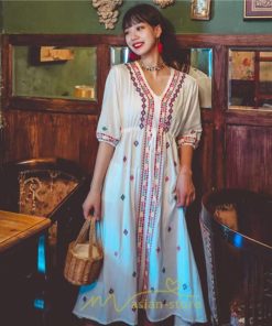 マキシ | ワンピース レディース コットン リゾート かわいい 五分袖 Ｖネック 花柄 上品 ロング丈 ファッション エスニック風 体型カバー お呼ばれ 二次会 民族風 披露宴
