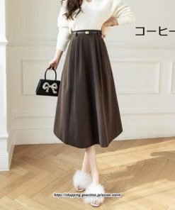 スカート | ロング レディース ロングフレア冬 ミモレ丈 暖かい ボトムス  ロング丈 ベルト付き 2022年秋冬 暖か 通学 通勤 ラシャ
