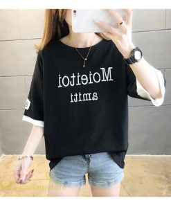 ｔシャツ・カットソー | ワイドTシャツ レディース ロング丈 5分袖 刺繍 韓国風 重ね着風 丸首 Tシャツ トップス 着痩せ 細身 カジュアル 人気 日常 上品 2021 アウトドア 夏新作 薄手