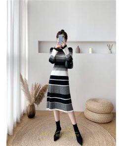ニットワンピース | ワンピース レディース ニット ワンピース ニット チュニック ロング 長袖 着痩せ 秋冬 送料無料 ボーダー柄 2022新作 韓国風 秋冬コーデ 大人可愛い