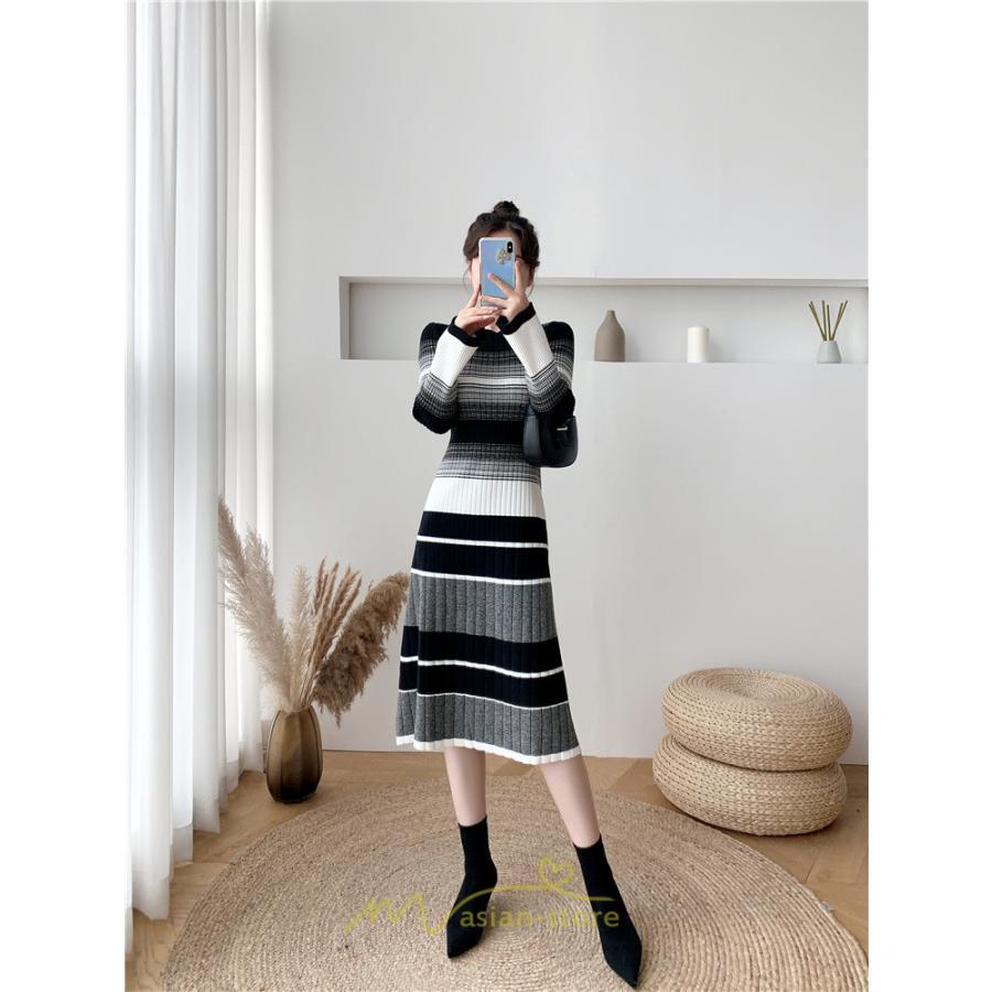 ニットワンピース | ワンピース レディース ニット ワンピース ニット チュニック ロング 長袖 着痩せ 秋冬 送料無料 ボーダー柄 2022新作 韓国風 秋冬コーデ 大人可愛い