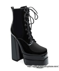 ショートブーツ | 大きいサイズ26.5cm レディース 厚底ブーツ 上品 ブーツ 秋冬 春 チャンキーヒール ハイヒール 太ヒール レースアップ コス スクエアトゥ