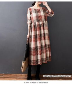 マキシ | チェック柄ワンピースリネン風 長袖ワンピース 30代レディース秋物長袖 綿麻風 ゆったり ゆるシルエット 大人 可愛い 通学通勤 リネンワンピ チェック柄 50代