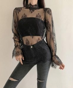 透かし編みトップス | トップス インナー ブラウス 長袖 レディース ネック シースルー