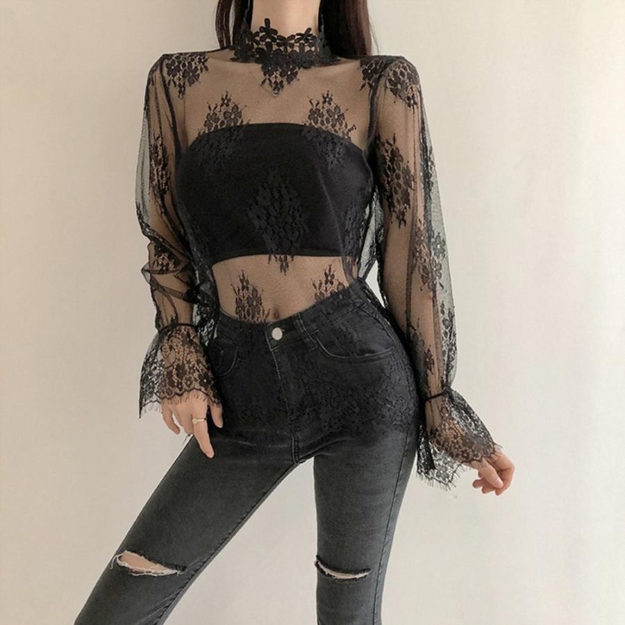 透かし編みトップス | トップス インナー ブラウス 長袖 レディース ネック シースルー