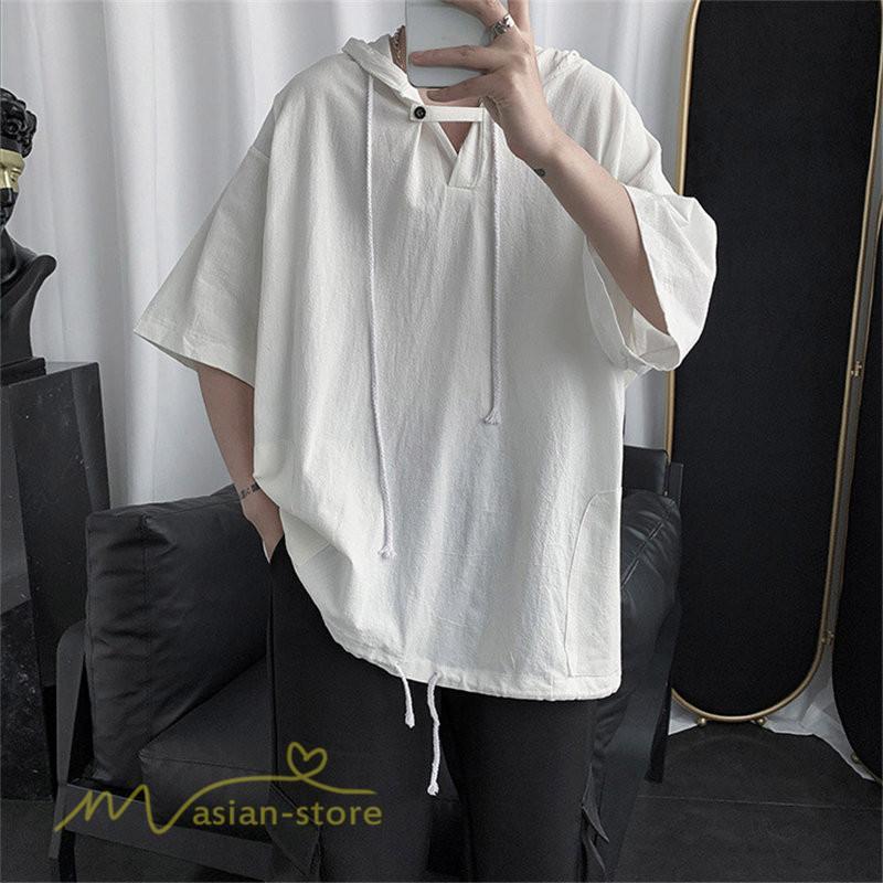Tシャツ | トップス メンズ カットソー パーカー フード付き カジュアル 無地 7分丈 ゆったり 大きいサイズ 20代 30代 夏新作 ルームウェア 体型カバー シンプル