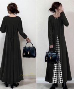 マキシ | ロングワンピース 秋冬ワンピース チェックワンピース 切り替え フェイク レイヤード風 レディース Vネック 秋服 秋物 秋冬服 秋服春 30代40代50代