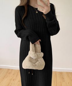 ニットワンピース | ワンピース 秋冬 太めリブニット ロングワンピース ミモレ丈 無地 フード付き 帽子 ストレッチ 大人 セーター 50代 長袖 20代30代 アウター