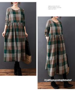 マキシ | チェック柄ワンピースリネン風 長袖ワンピース 30代レディース秋物長袖 綿麻風 ゆったり ゆるシルエット 大人 可愛い 通学通勤 リネンワンピ チェック柄 50代